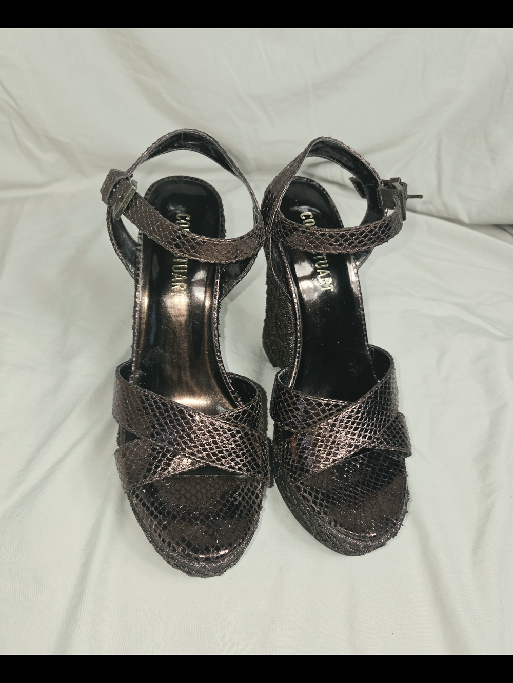 Colin Stuart Bronze Snake-Embossed Wedge Sandals